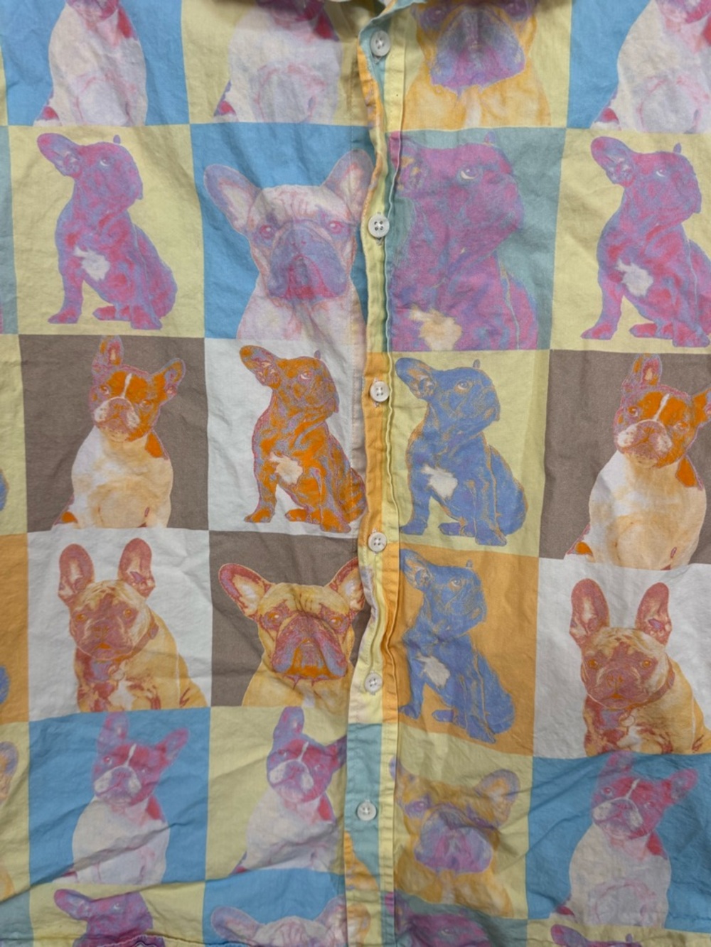 Retro 90s French Bulldog Checkered ASOS Women’s Oversized S Button Down Shirt - Picture 2 of 5
